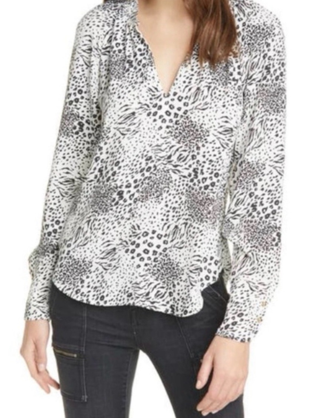 #329 JOIE Black & White Animal Print Gold Button Closure V-Neck Blouse L